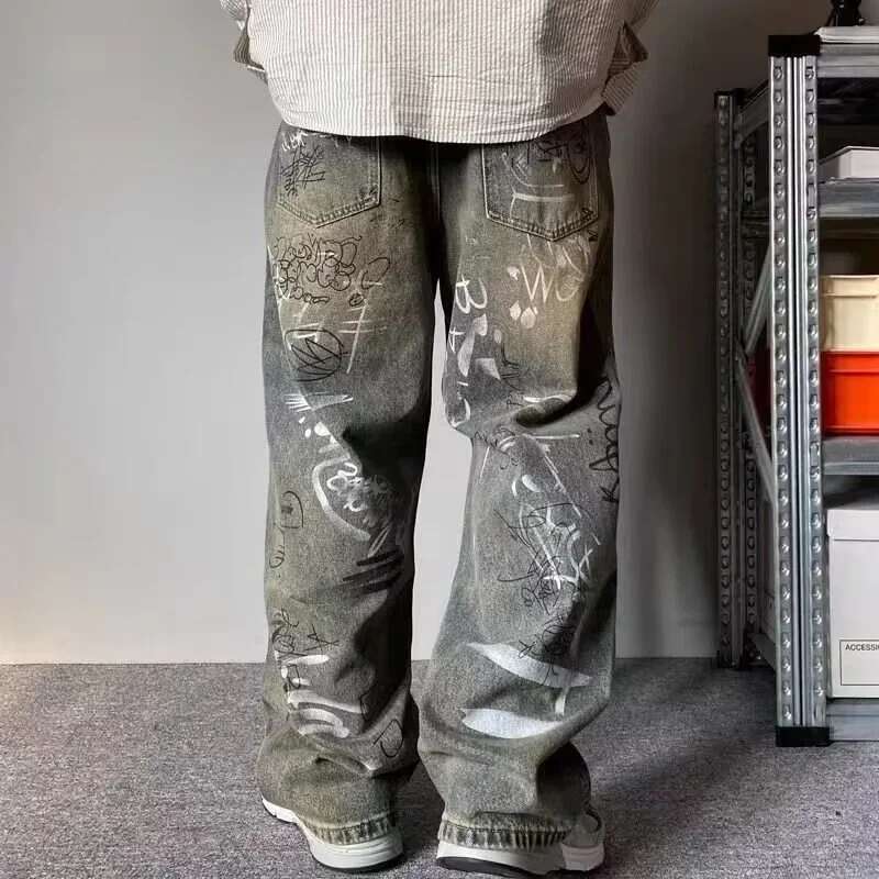 New Graffiti Printed Baggy Jeans For Men Y2K Vintage Distressed Blue Haruku Denim Pants High Street Straight-leg Jean Trousers