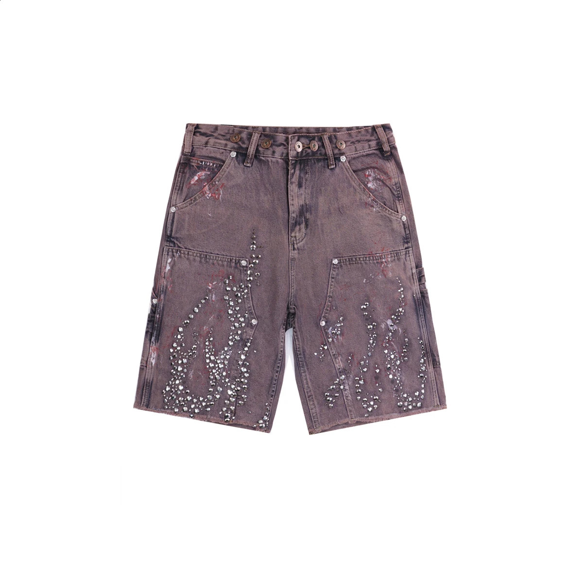 High Street Rhinestone Painted Baggy Jeans Shorts for Men Pockets Wide Leg Blue Black Loose Five Point Denim Pants Oversized 250411