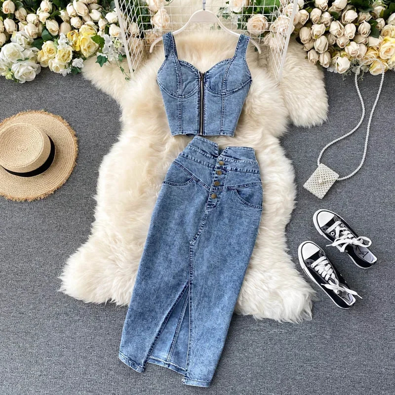Denim Skirt Set Women Sexy Camisole Tops High Waist Denim Pencil Skirt 2Pcs Suit Fashion Female Summer Slim Bodycon Suits 250411