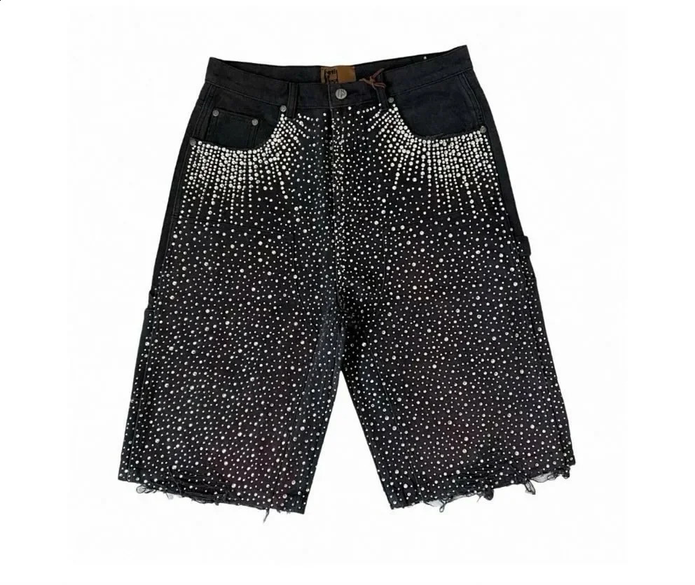 Streetwear Trend Fashion Rhinestone Denim Shorts Men Women Gothic Punk Hip Hop Baggy Shorts Y2K Harajuku Casual Sports Shorts 250411