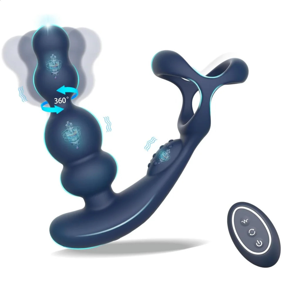 Male Prostate Massager 360° Rotation Anal Vibrator with Penis Ring Butt Plug Remote Control Wearable Anus Sex Toy for Men Gay 250410