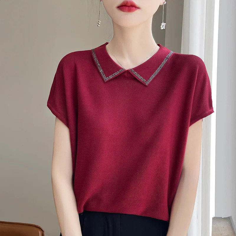 Summer Womens Lyocell POLO Lapel Short-sleeved T-shirt Breathable Loose Thin Top 250411