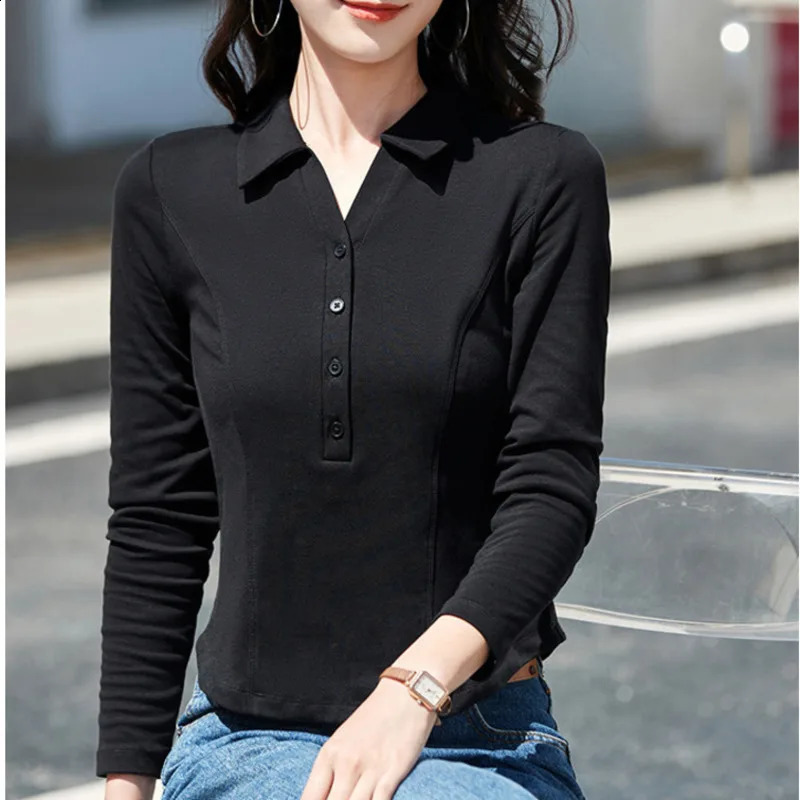 #3858 Black White Khaki Red Long Sleeve T Shirt Women Slim Korean Style Short Polo T Shirt Buttons Stretch Cotton Summer 2025 250411