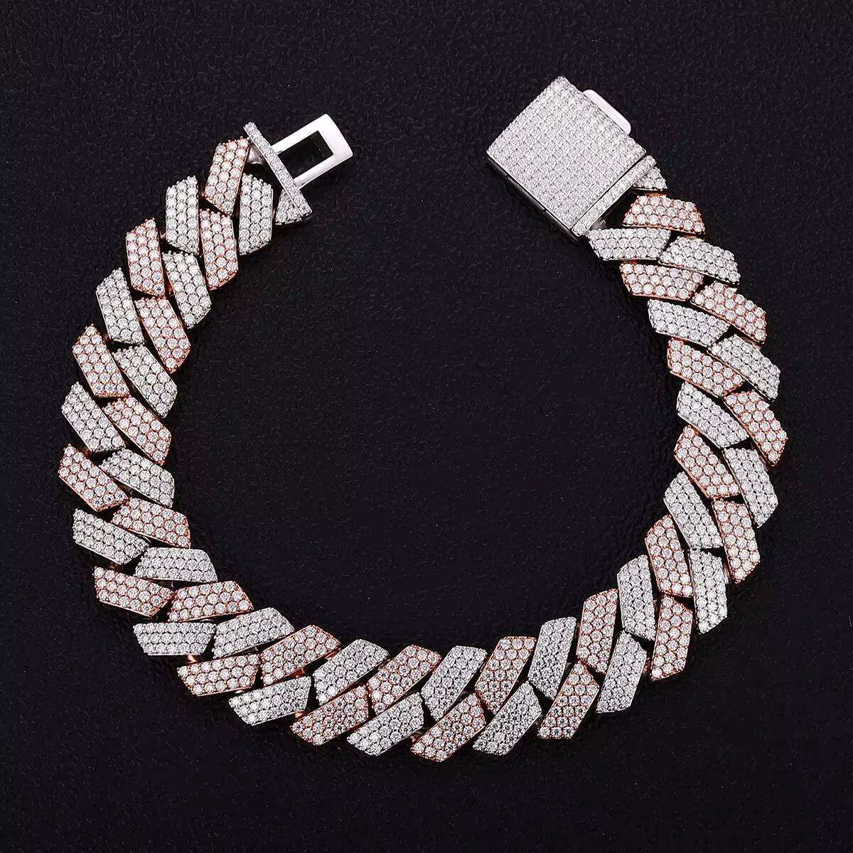 New Product Two 2 Tone Rose Gold and White 3 Row 15mm VVS Moissanite Bracelet 925 Solid Sterling Silver Cuban Chain Link Men