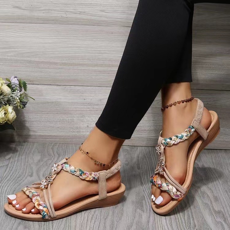 2025 summer new wedge sandals matching fabric preparation open toe whereas empty casual women sandals large size 36-42 black beige