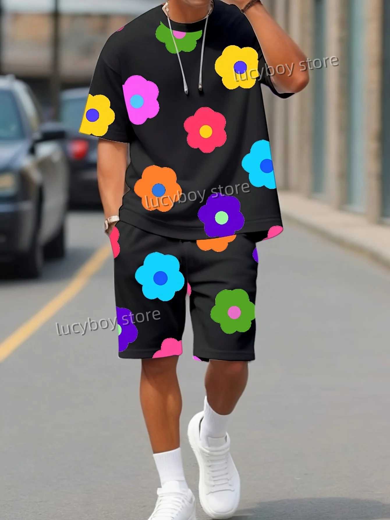 Colorful floral printed sports T-shirt+shorts set for mens luxury track and field wear summer oversized 2-piece set for mens clothingXJ250412