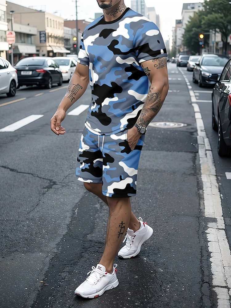 Summer Street Fashion Mens T-shirt and Shorts Set 3D Camouflage Printed Mens Short Sleeves Top Outdoor Sports Mens ShortsXJ250412