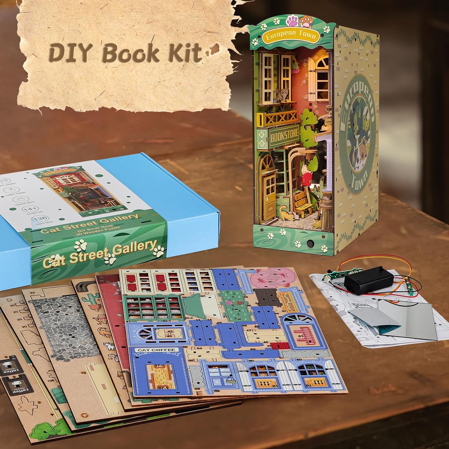 Cat Street Gallery DIY Assembled Bookend, Exquisite Cat-Themed Dollhouse with Light Effect, Creative Bookshelf Decoration & Puzzle Craft-L0314P