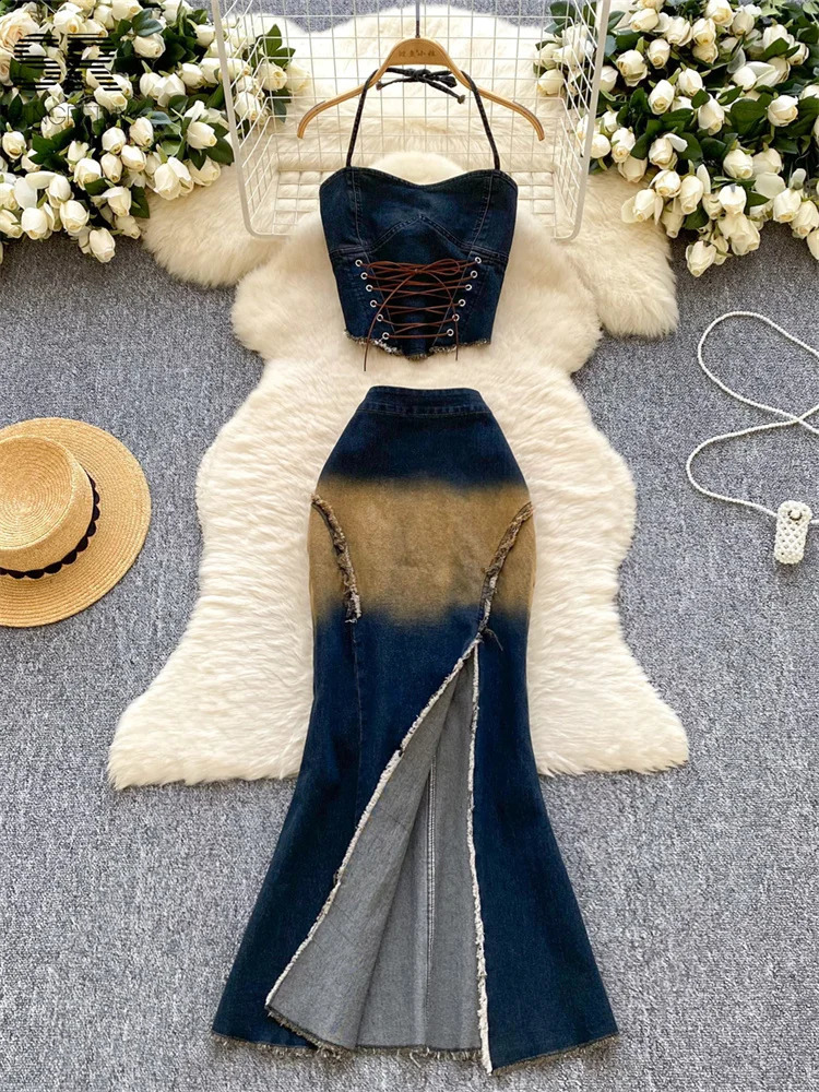SINGREINY Gradient 2pcs Suit Ladies Lace Up Ruched Halter TopsSplit Zipper Skirt Women Fashion High Quality Sexy Denim Sets 250411