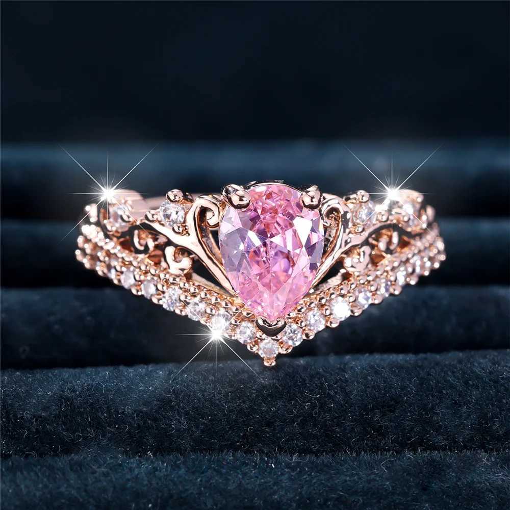 Luxury Womens Pink Waterdrop Zircon Ring Dainty Rose Gold Colorful Womens Wedding JewelryXJ250412