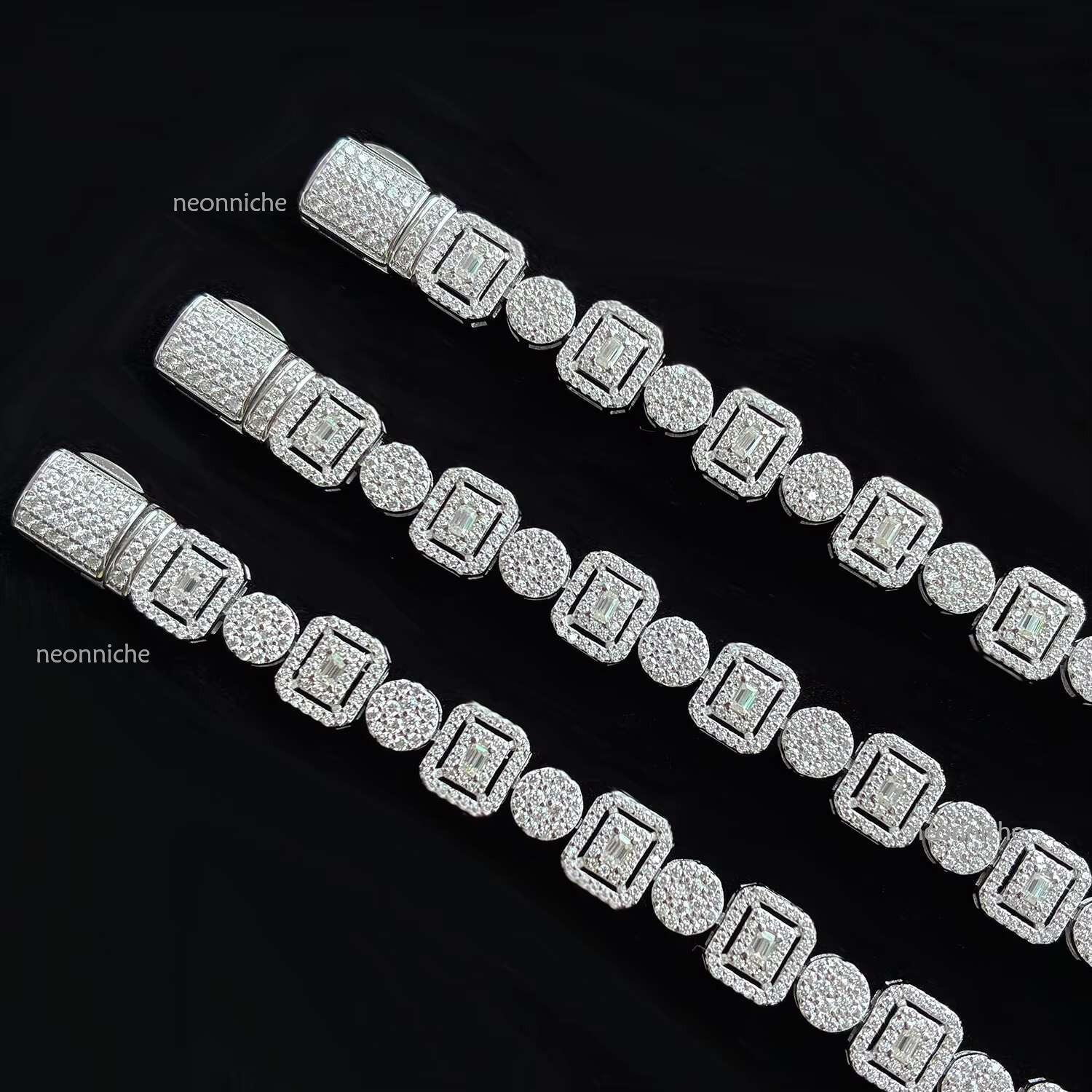 Hip Hop Jewelry 8.5mm White Gold Sier Cluster VVS Baguette Moissanite Dia Ice Out Tennis Bracelet for Men Women