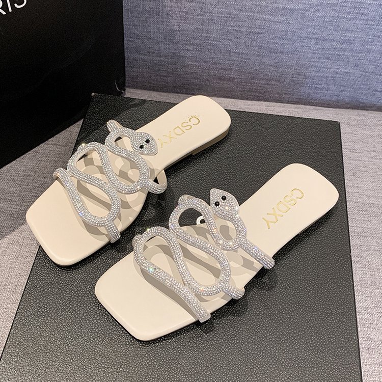Ladies 2025 summer Serpentine twisty rhinestone flat slippers outside to wear a pretty all-match fairy style sandals beach shoes