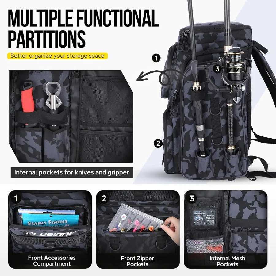 PLUSINNO Fishing Backpack with Rod Holders 42L Large Water-Resistant Fishing Tackle Bag Store Fishing Gear for Fishing Camping Z250411