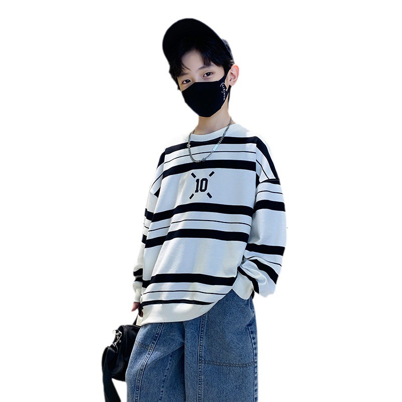 Ddmyshoesvip Boys Autumn Striped Hoodie New Cool And Handsome Boy Loose Round Neck Long Sleeved T Shirt Korean Version Thin Top
