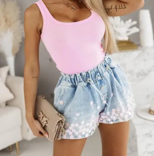 Womens Summer Shorts Leisure Commute Rhinestone Heart Pattern Drawstring Denim Shorts Women Basic Versatility Womens Shorts 250411