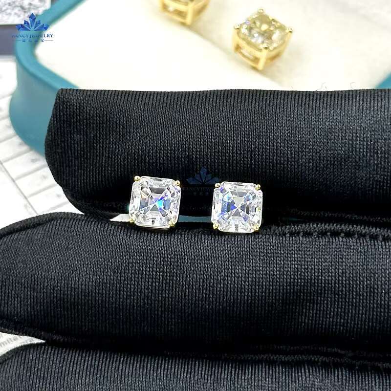 GRA Certified Moissanite Diamond Asscher Cut Stud Earring for Women 925 Sterling Silver 18K Gold Trendy Hip Hop Jewelry