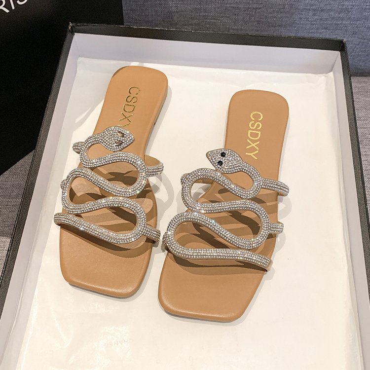 Ladies 2025 summer Serpentine twisty rhinestone flat slippers outside to wear a pretty all-match fairy style sandals beach shoes