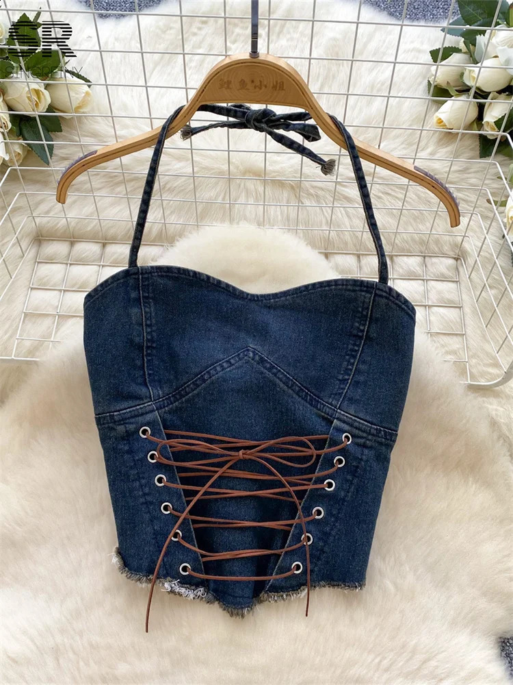 SINGREINY Gradient 2pcs Suit Ladies Lace Up Ruched Halter TopsSplit Zipper Skirt Women Fashion High Quality Sexy Denim Sets 250411