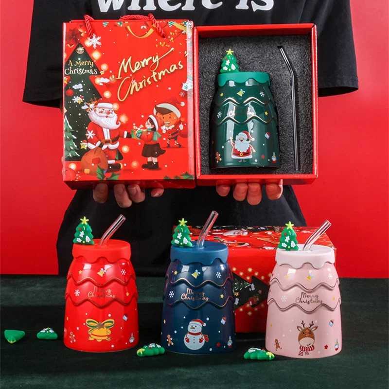 Christmas Creative Christmas Mugs Cartoon Xmas Tree Shape Santa Claus Elk Snowman Bell Ceramic Cup with Lid and Straw Coffee Mug Xmas Gift Y251112