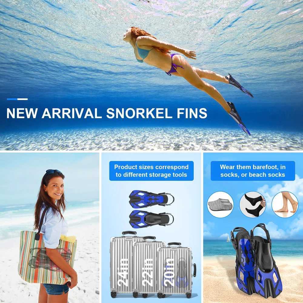 Inflatable fins swimming fins adjustable buckle swimming flip cover short silicone adhesive lung diving shoes open heel travel size for beginnersY2504
