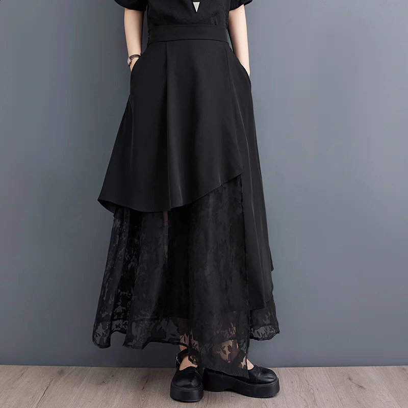 #3002 Black Midi Irregular Skirts Women Summer Loose Spliced Lace A-line Skirt Pockets High Waisted Gothic Skirt Korean Style 250411