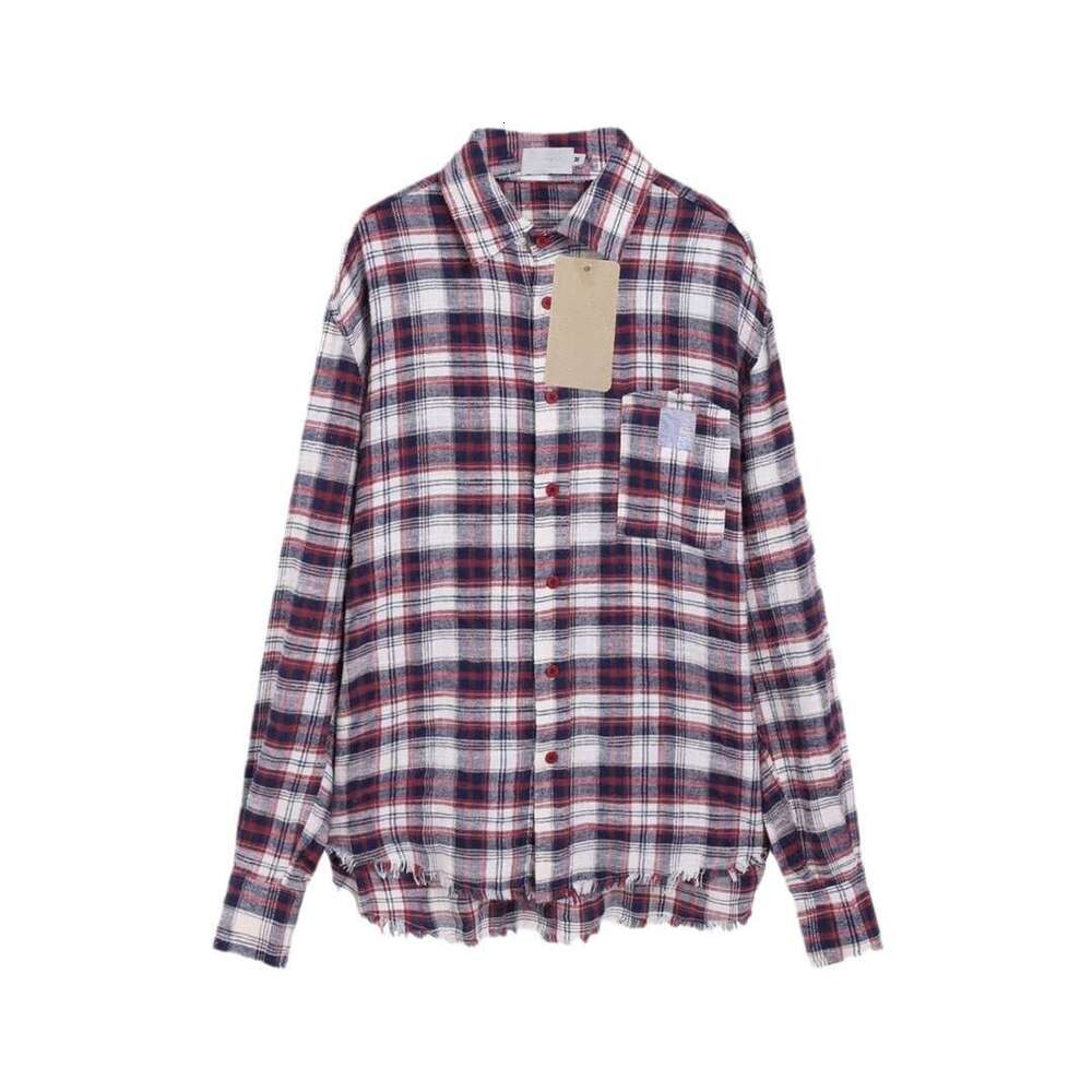 Cotton Brushed Embroidered Checkered Elements, Heavyweight Fringed Edge Shirt For Men And Women, Couple Style B5