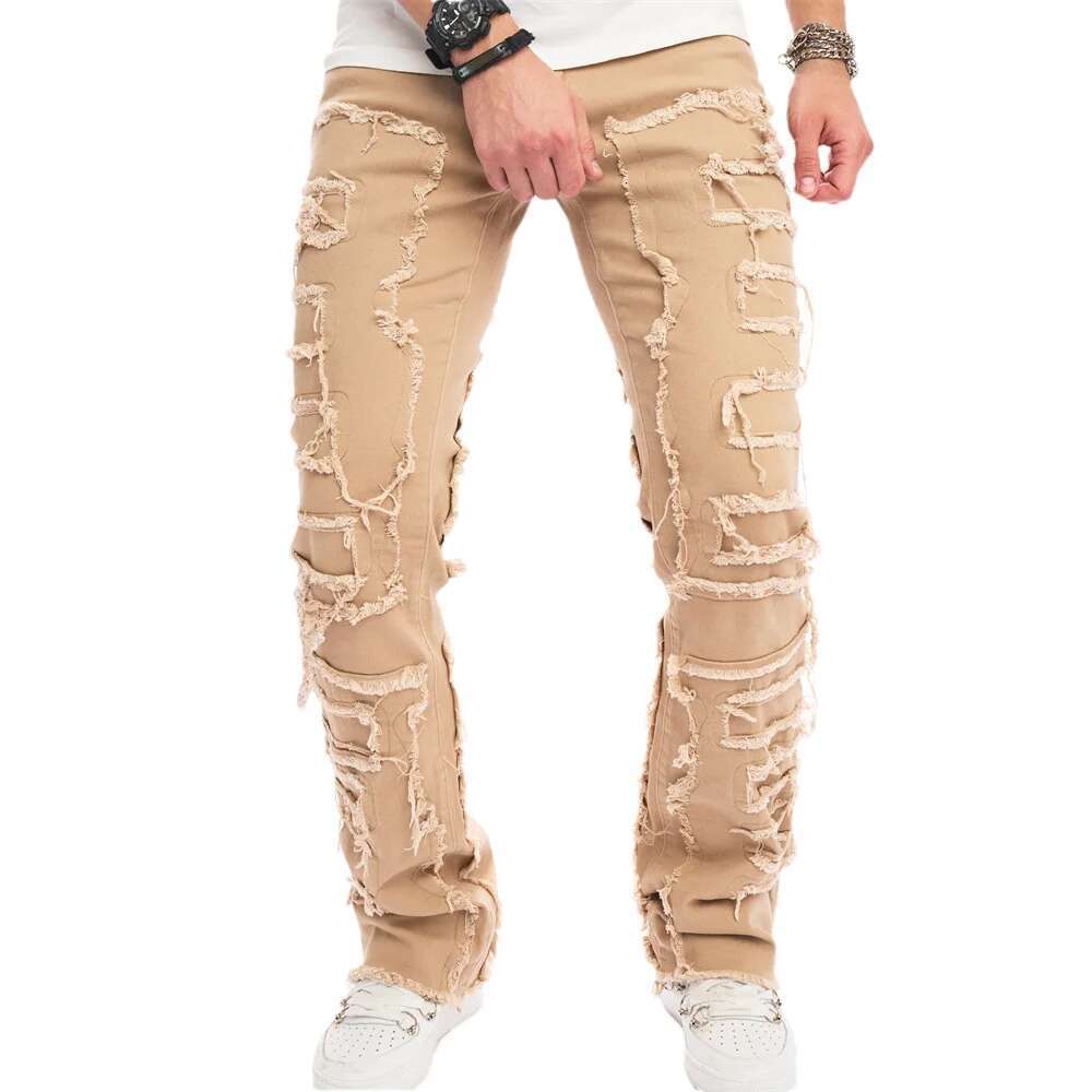 Streetwear Men Stylish Stacked Spliced Slim Biker Jeans Pants Male Hiphop Distressed Motorcycle Straight Flared Denim Trousers