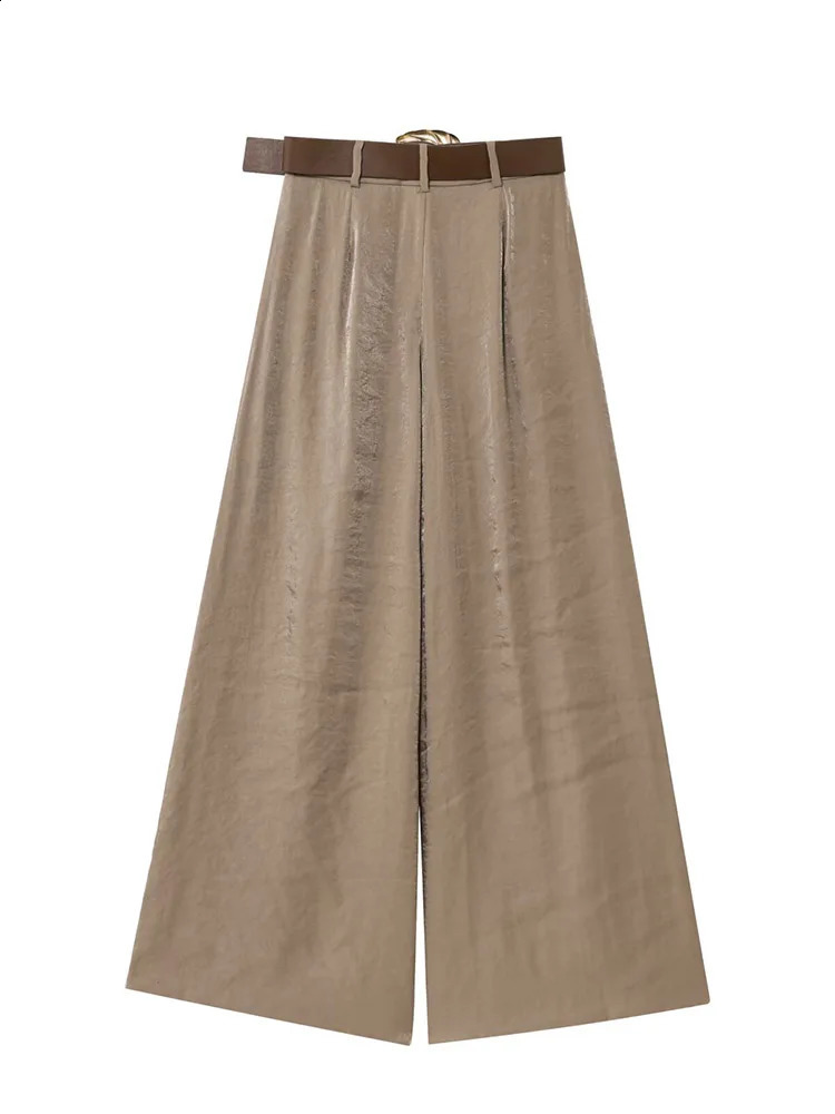 TRAFZA Womens Chic Solid Belt Wrinkles Decorate Casual Loose Long Pants Woman Elegant Side Pocket Zipper Wide Leg Long Pants 250411