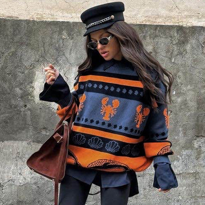 Fall outfits women Women's contrasting color pullover sweater round neck long sleeve autumn and winter casual style street style---NBL141