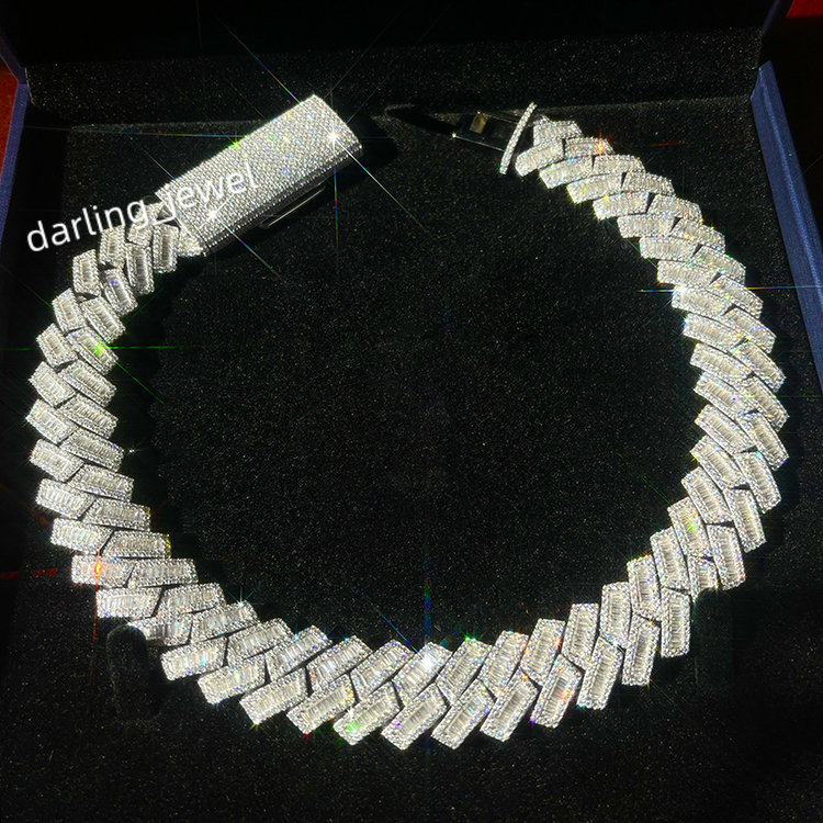 Customized 15mm 18mm 20mm White Gold Plated S925 Cuban Chain Necklace Vvs Moissanite baguette Cuban Link Chain Moissanite