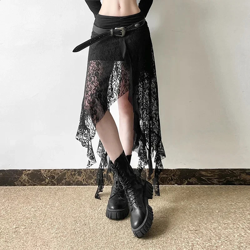 Y2K Goth Dark Irregular Hem Lace Patchwork Mid Skirts Women Streetwear Fairy Slim Pleat A-line Skirt Mall Goth Fashion Bottoms 250411