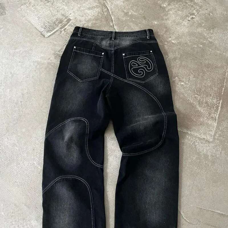Street washed punk vintage men patchwork jeans Y2K fashionable loose fitting Gothic high waisted Haruku straight leg pants