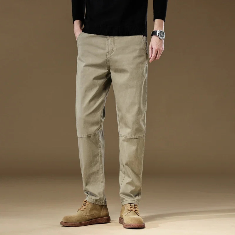 Autumn mens 97% pure cotton jogging cargo pants retro solid color Korean style straight loose casual mens pants 250410