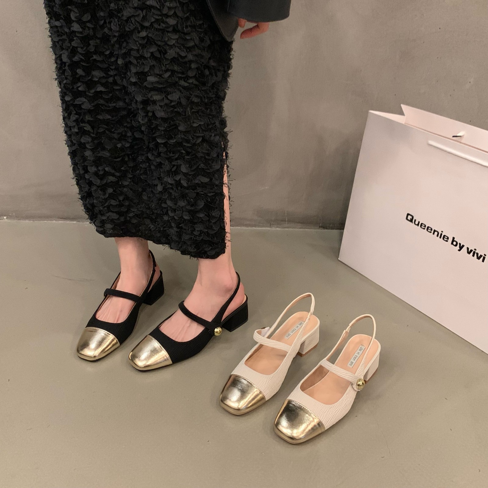 free Shipping Baotou sandals Designer Rear empty high heels Golden square head Thick heeled sandals Wearing casual single shoes outside 2025