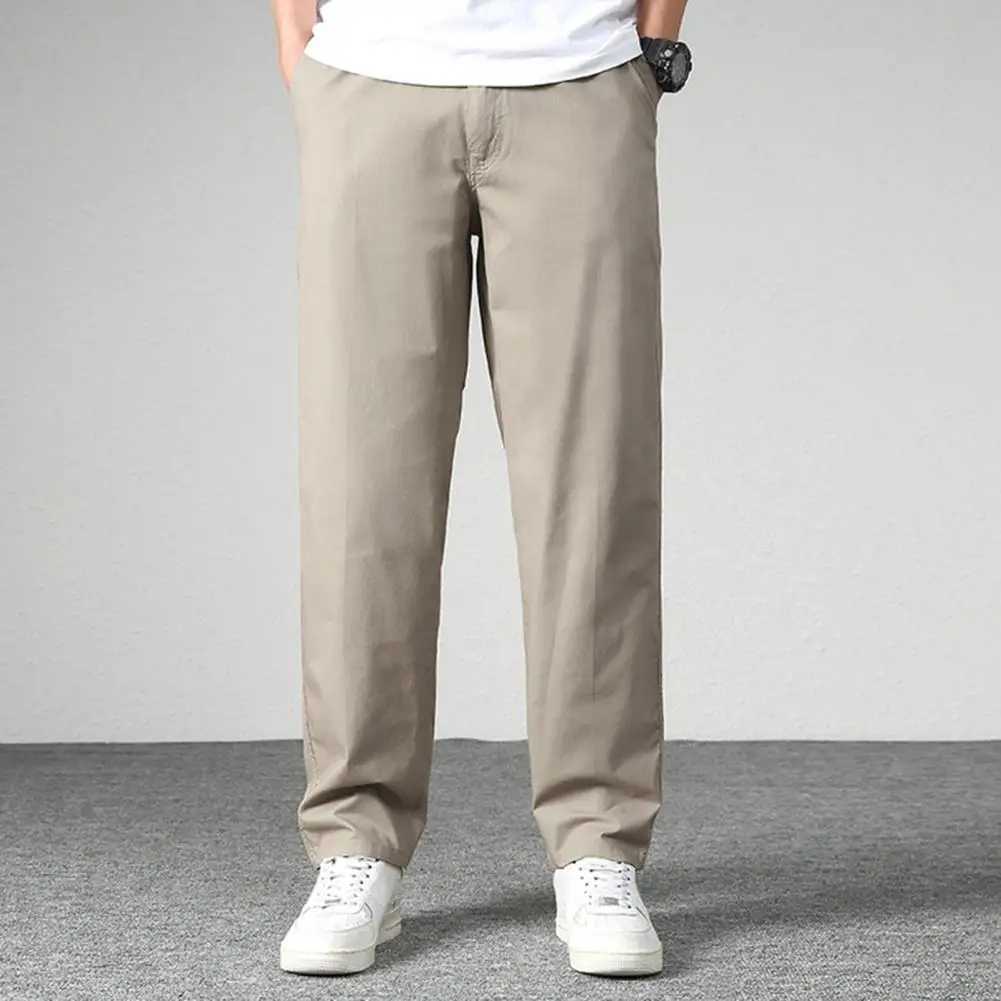 Mens pants loose fit multiple pockets solid color mid waist thin casual smooth soft breathable mens summer autumn TrouserXJ250412