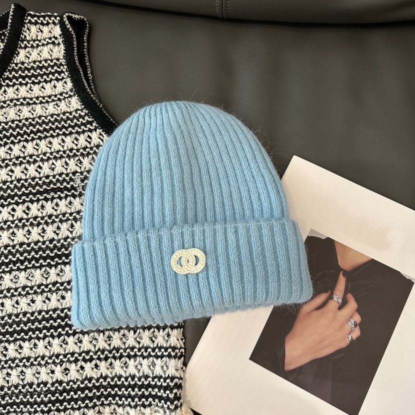 Light Blue Ribbed Knitted Beanie With Creamy Circular Embellishment Delicate Daily Stylish Headwear Gift For Her High - Quality Trendy Accessory .