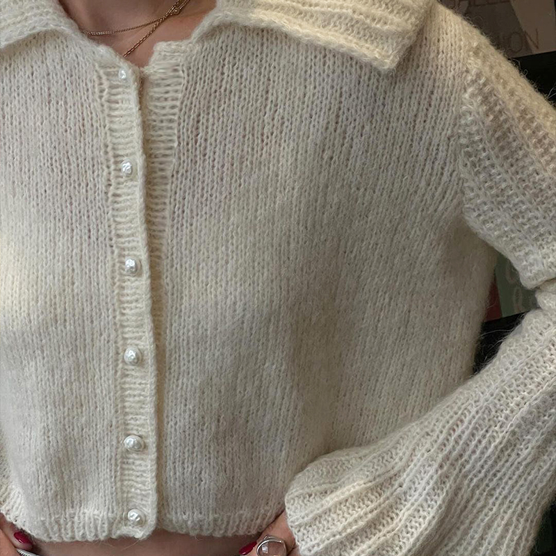 Women's solid color cardigan sweater coat loose fit large collar flared sleeves with pearl buttons a versatile fashion sweater lovely and elegant