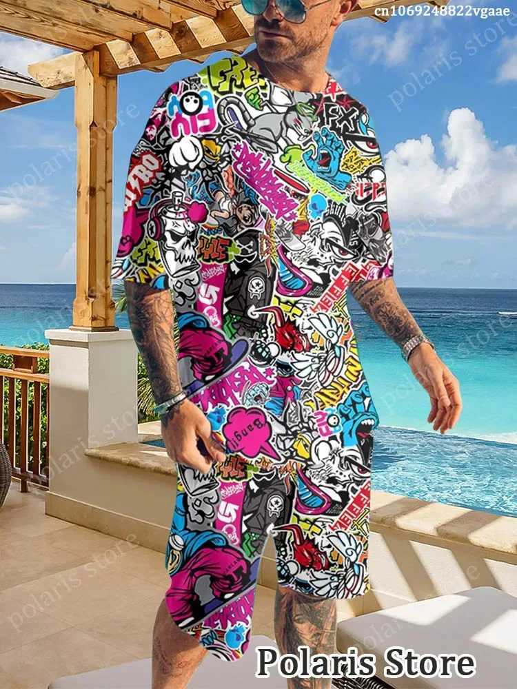 Summer Graffiti Sportswear Mens Fun T-shirt Set Manga Illustrations Loose Clothing Hip Hop Sportswear Two Piece Set Uniform LigXJ250412