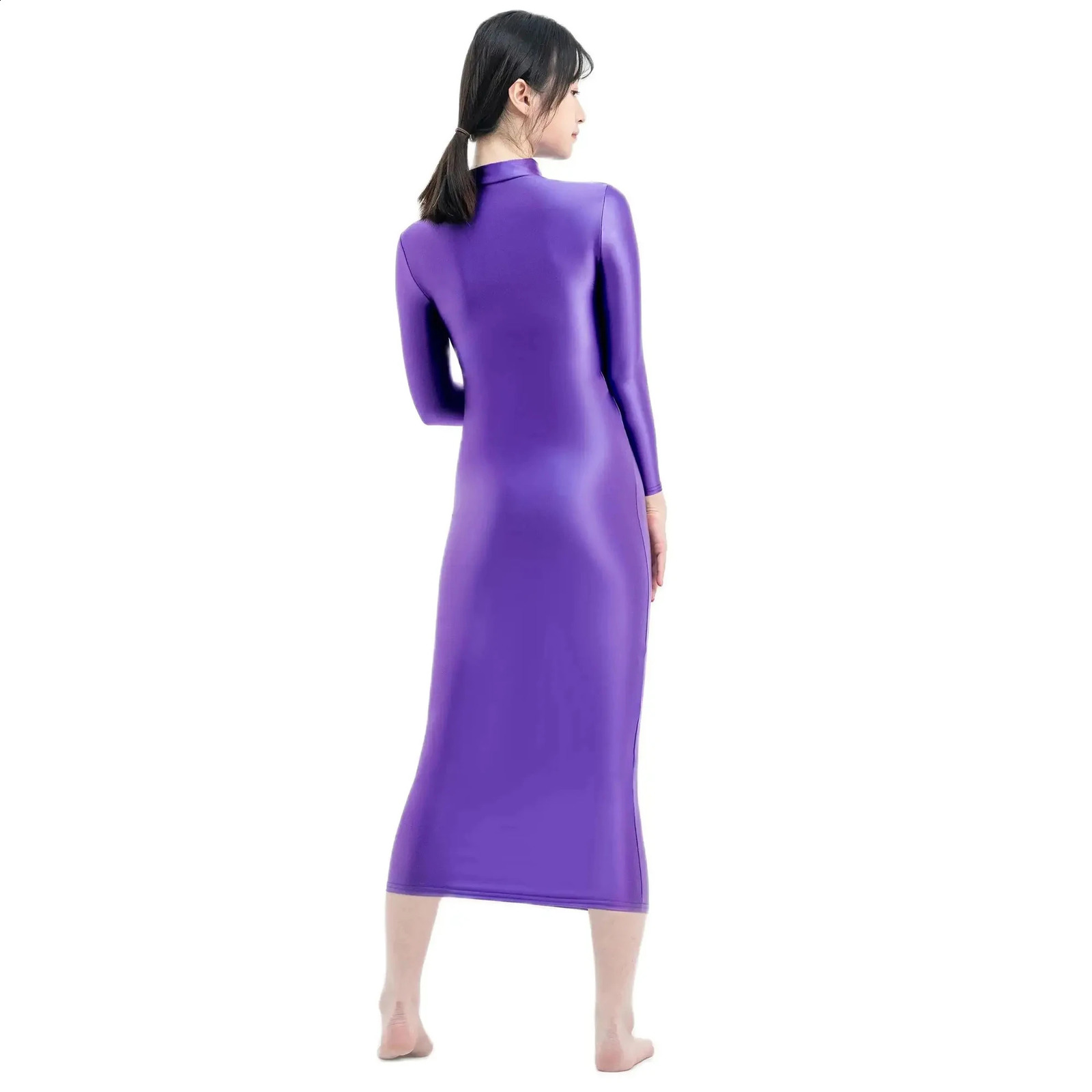 XCKNY Glossiness series dress high neck long sleeved silk elastic tight fitting sports sexy 250411