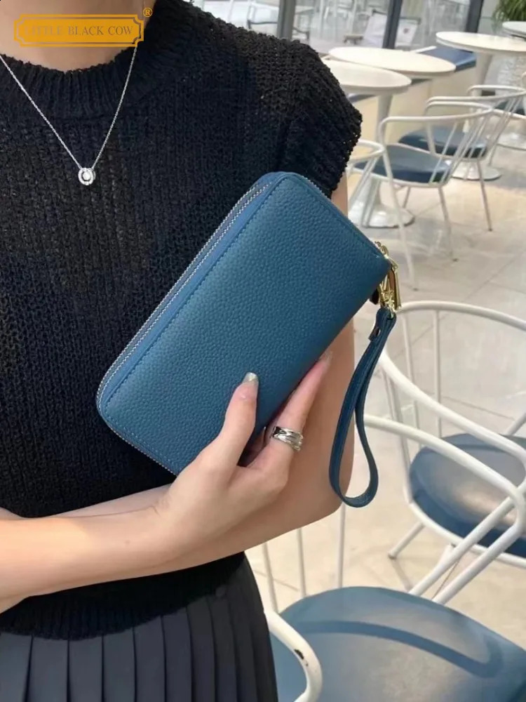 genuine leather womens wallet cowhide leather double zipper clutch bag business and leisure long wallet womens multi card wallet 250411