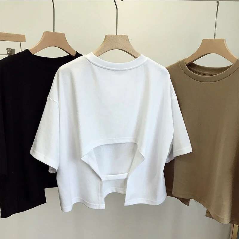 Summer New Ladies Casual Backless T-Shirt 2023 Korean Women Round Neck Loose Sweet Spicy Wind Short-Sleeved Crop Tops