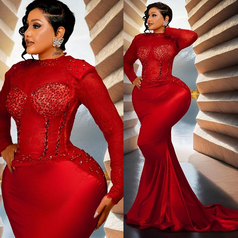 2025 Plus Size Red Prom Dress Mermaid Prom Dresses Evening Gowns For Special Occasions High Neck Rhinestones Beaded Lace Birthday Second Reception Gow