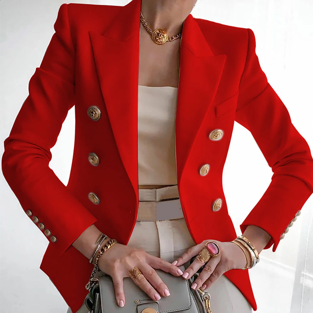 Womens solid slim fit autumn jacket double chest business fashion office workwear 250407
