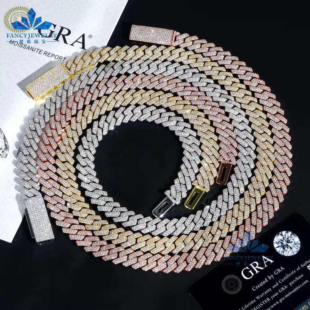 Iced Moissanite Cuban Chain with VVS D Pass Diamond Test 925 Sterling Silver GRA VVS Diamond 15mm Miami Moissanite Necklace
