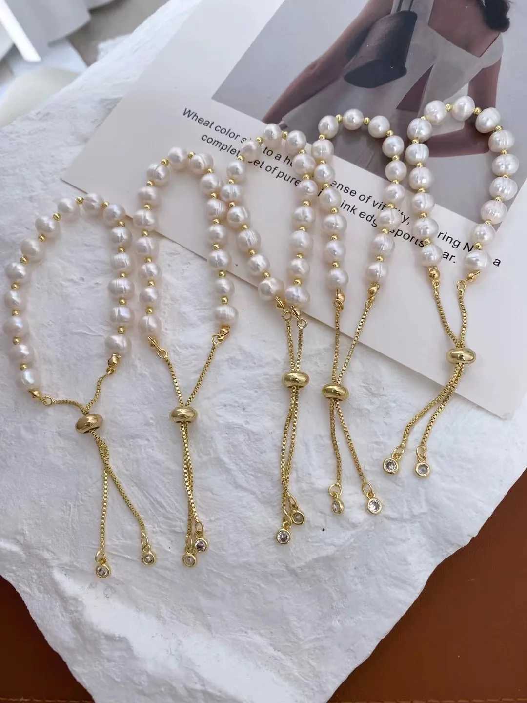 5PCS Gold Color Beads Freshwater Pearls Adjustable Chain Bracelet Bangles For Women Elegant Ladies JewelryC250411
