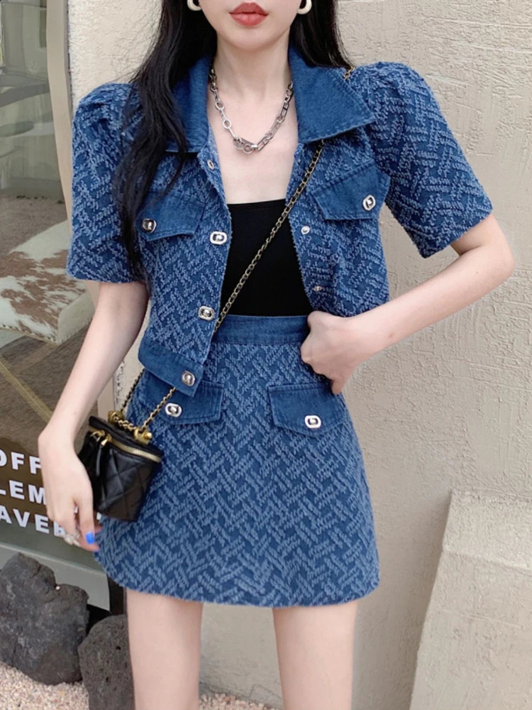 Small Fragrant Style Denim Skirt Suit Summer Womens Stylish Skirts 2 Pieces Sets Women Outfits Two-piece Ladies Outfit Set 250411