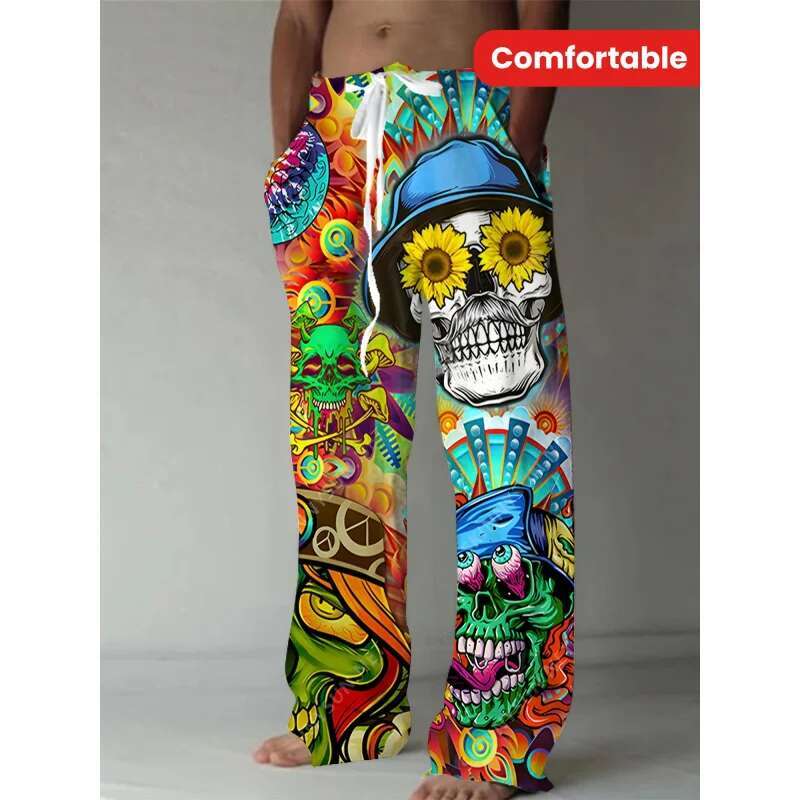 Men'S Summer Fashion Casual Pants Comfortable Loose-Fit 3D Skull Print Polyester Trousers Suitable For Outdoor Activities