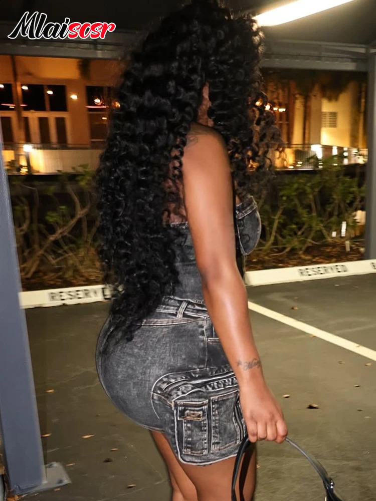 Mlaiscsr Sexy Sleeveless Backless Strapless Crop Tops and Wrap Hip Skirt Denim Two Piece Sets Women Pockets Streetwear Outfits 250411