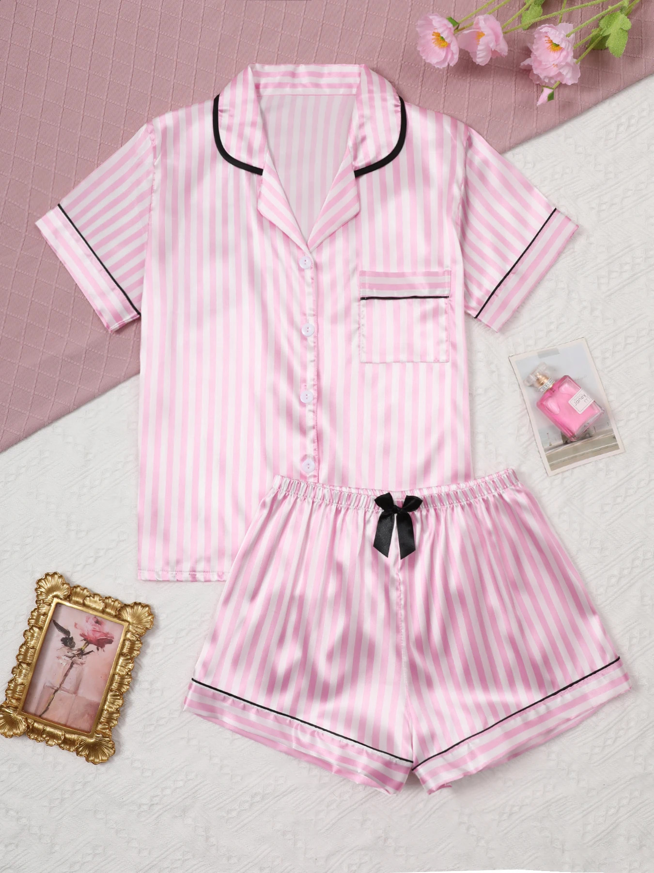 Satin Silk Women Pajamas Set Short-Sleeved Student Homewear Two-Piece Cardigan Lapel Senior Sense of Pink Striped Large Size 250411