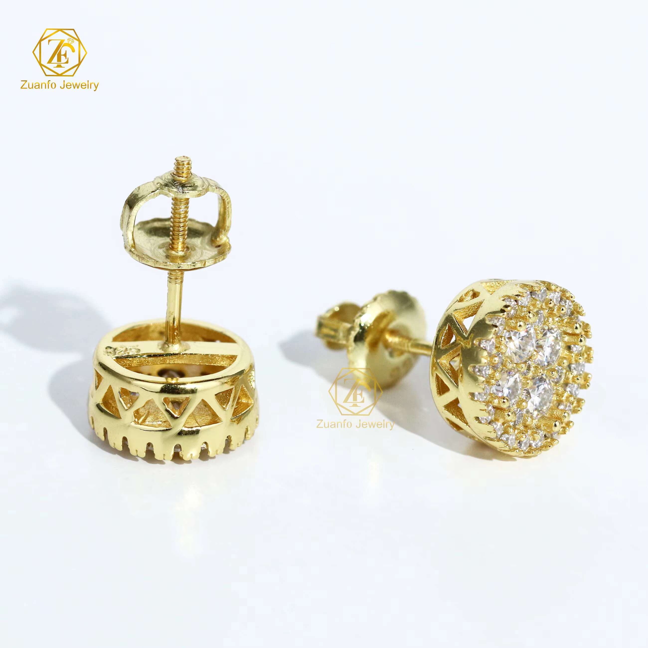 Factory Price Unisex 18K Gold Plated 925 Silver Hiphop Stud Earrings GRA Certified Moissanite Cluster Earrings Screw Back